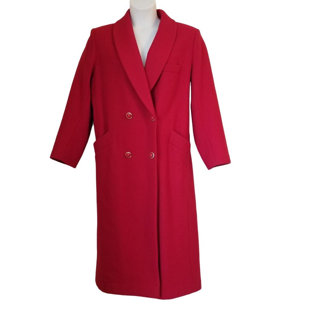 Herman Kay 10 Red Vintage Double Breasted‎ Trench Coat Pockets 80s Wool Academia